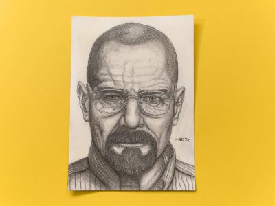 Handgemalte Bleistiftzeichung von Brian Cranson als „Walter White“