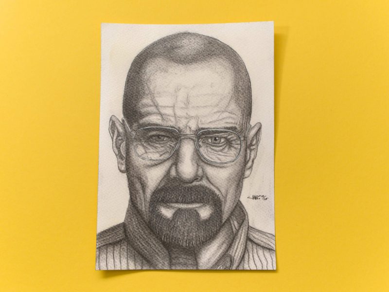Handgemalte Bleistiftzeichung von Brian Cranson als „Walter White“