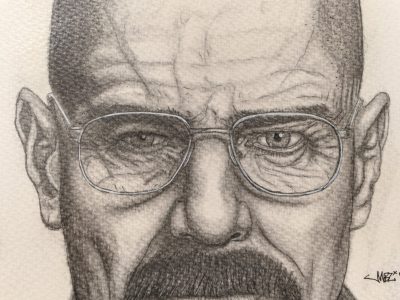 Handgemalte Bleistiftzeichung von Brian Cranson als „Walter White“