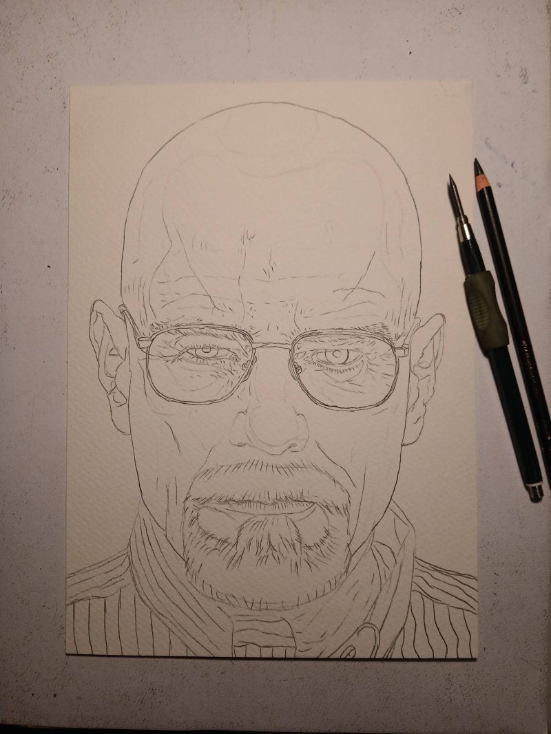 Handgemalte Bleistiftzeichung von Brian Cranson als „Walter White“ – Bild 5