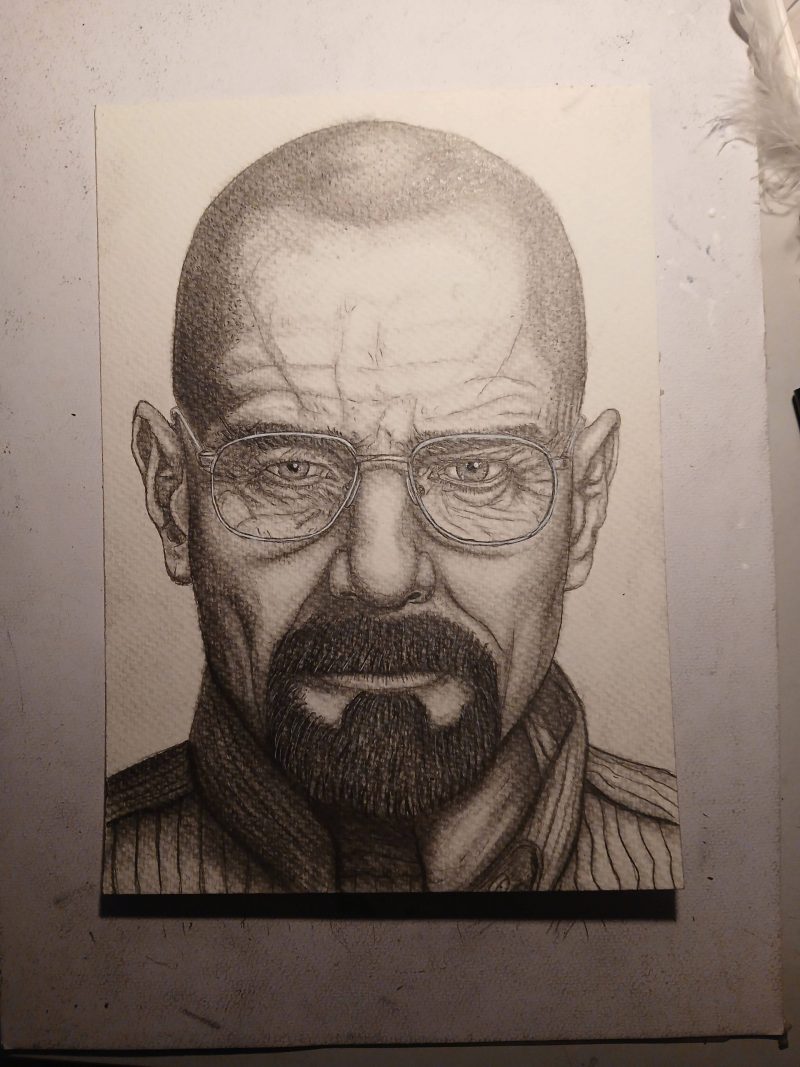 Handgemalte Bleistiftzeichung von Brian Cranson als „Walter White“ – Bild 11
