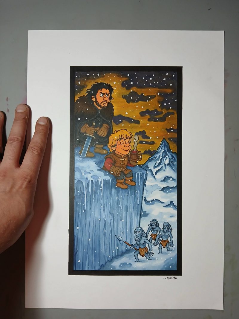 Handgemalte Illustration „Jon Snow & Tyrion Lannister auf der Mauer“ – im Asterix Comic Stil, Einzelstück – Bild 3