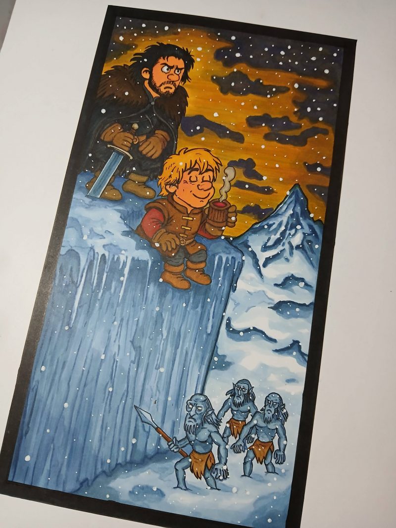 Handgemalte Illustration „Jon Snow & Tyrion Lannister auf der Mauer“ – im Asterix Comic Stil, Einzelstück – Bild 2