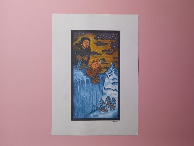 Handgemalte Illustration „Jon Snow & Tyrion Lannister auf der Mauer“ – im Asterix Comic Stil, Einzelstück